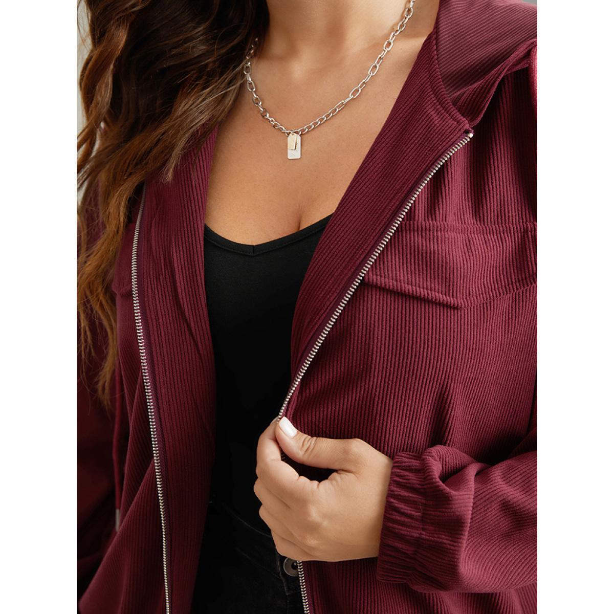 Plus Size Corduroy Hooded Flap Pocket Ties Jacket Women Burgundy Elastic cuffs Pocket Everyday Jackets BloomChic 30/6X Product Image