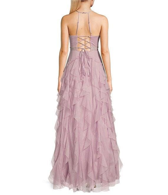 Pear Culture Glitter Mesh V-Neck Spaghetti Strap Drop Waist Corkscrew Dress Product Image