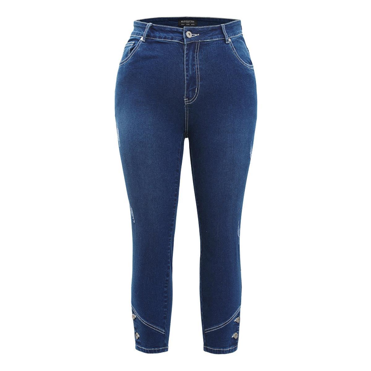 Plus Size Very Stretchy High Rise Dark Wash Button Hem Jeans Women Indigo Casual Plain Button High stretch Jeans BloomChic 30/6X Product Image