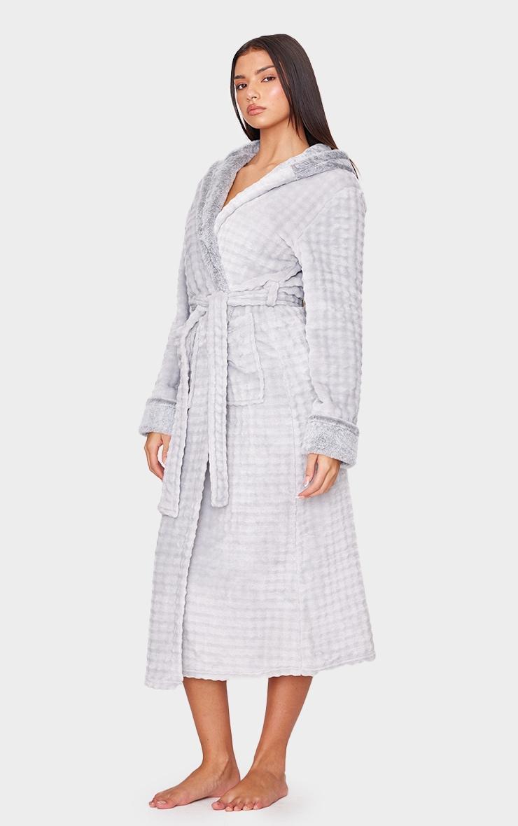 Grey Stripe Faux Fur Trim Hooded Bath Robe Product Image