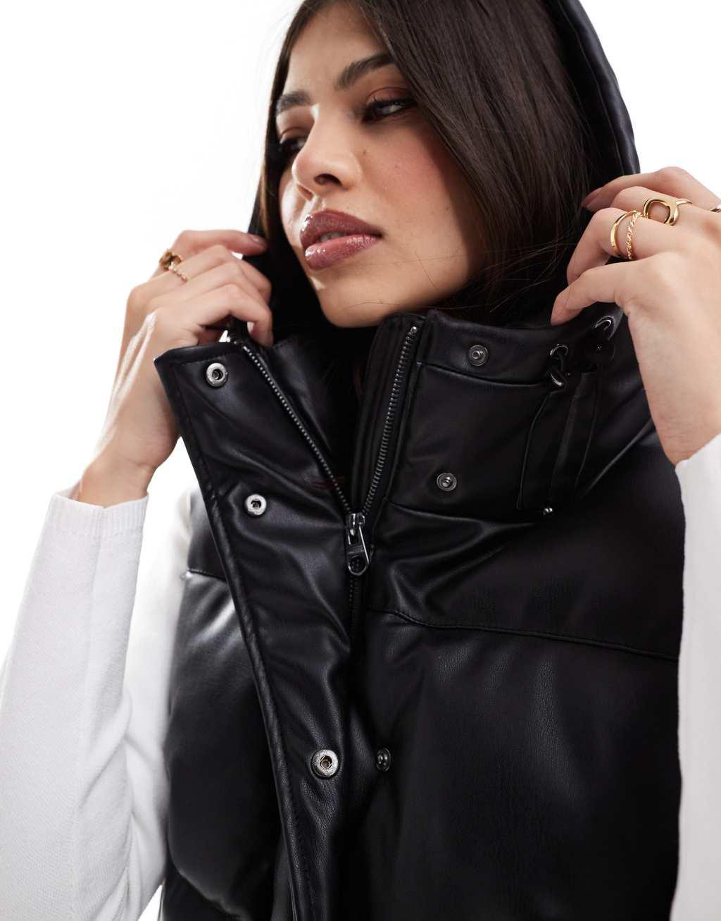 Pull&Bear padded faux leather vest with hood in black Product Image