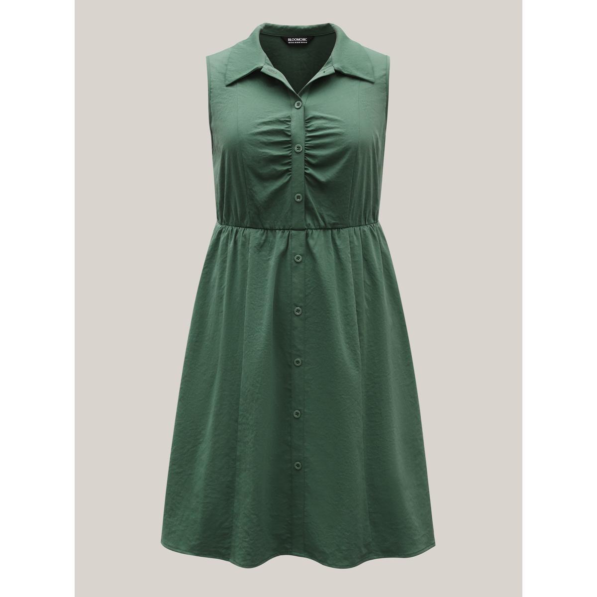 Plus Size Ruched Cinched-Waist Shirt Dress Emerald Women Shirt collar Sleeveless Curvy BloomChic 18-20/2X Product Image