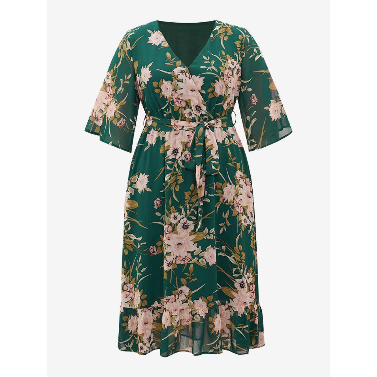 Plus Size Floral Print Surplice Neck Belted Dress DarkGreen Women Elegant Lined V-neck Elbow-length sleeve Curvy Midi Dress BloomChic 10/M Product Image