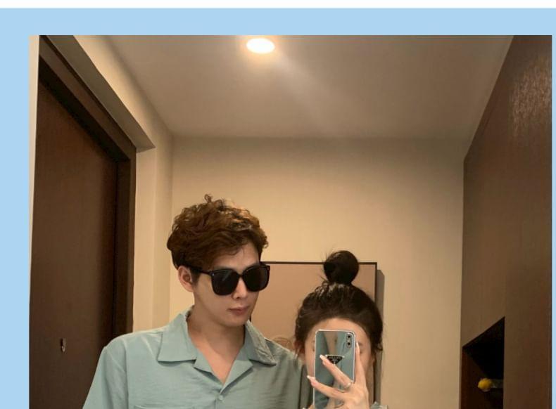 Couple Matching Sleeveless Crew Neck Plain Midi A-Line Dress / Short-Sleeve Lapel Collar Shirt / Mid Rise Shorts / Set Product Image