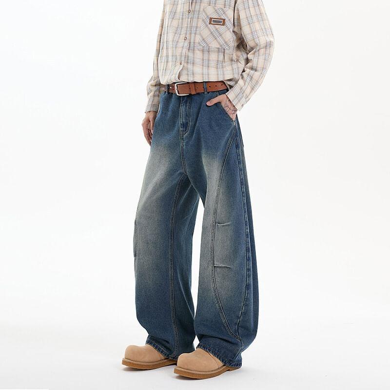Mid Rise Paneled Washed Wide Leg Jeans Product Image