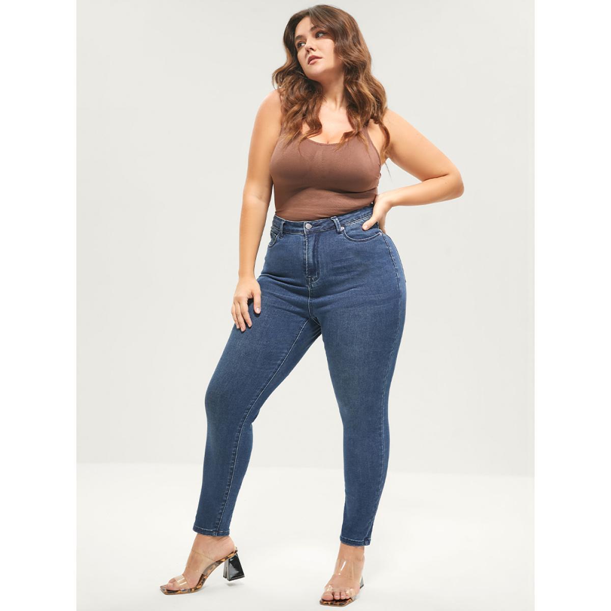 Plus Size Skinny Extremely Stretchy High Rise Medium Wash Sculpt Waist Jeans Women Blue Casual Plain Tummy control Super stretch Slanted pocket Jeans BloomChic 30/6X Product Image