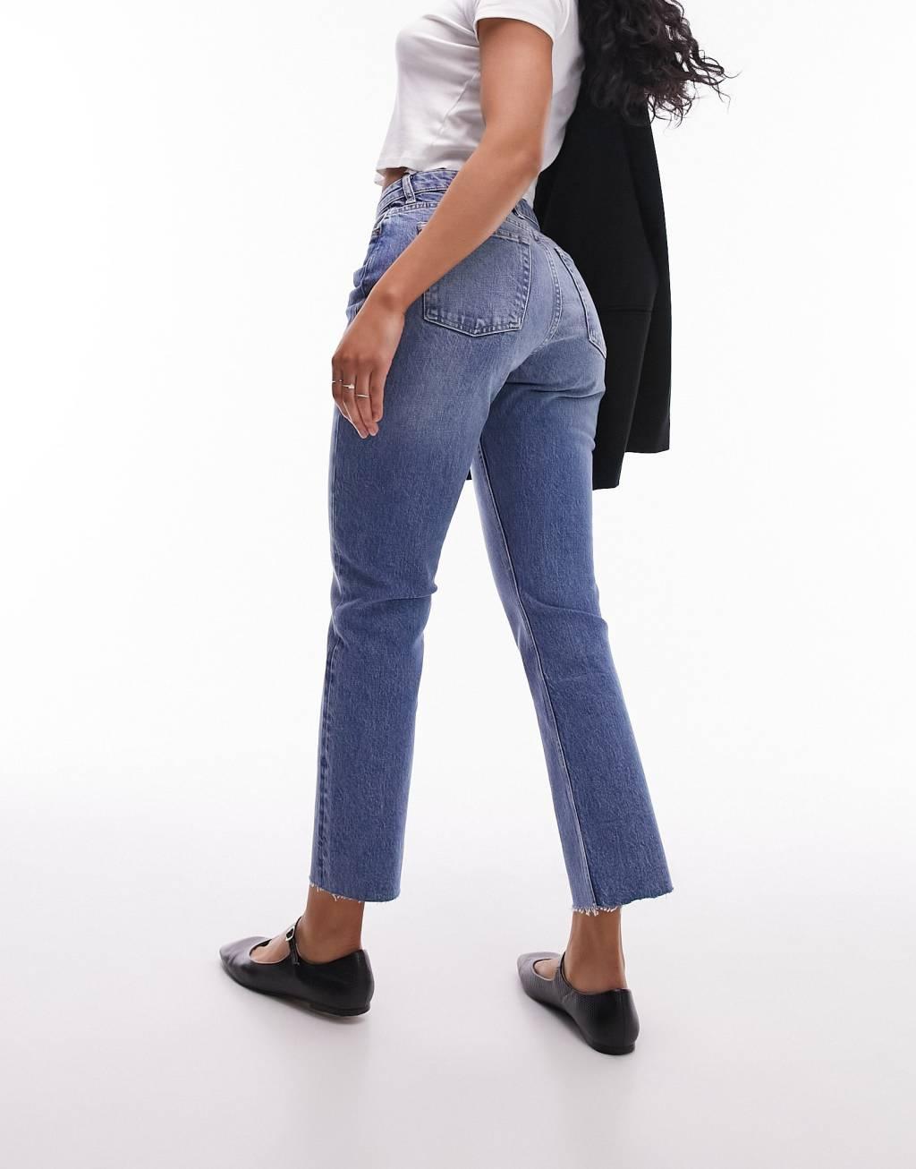 Topshop Hourglass cropped mid rise straight jeans with raw hems in mid blue  Product Image