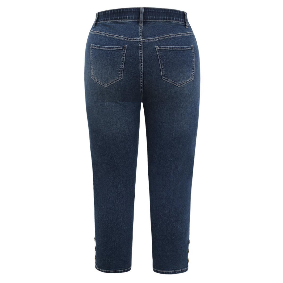 Plus Size Very Stretchy High Rise Dark Wash Beaded Detail Cropped Jeans Women Indigo Casual Plain High stretch Pocket Jeans BloomChic 28/5X Product Image