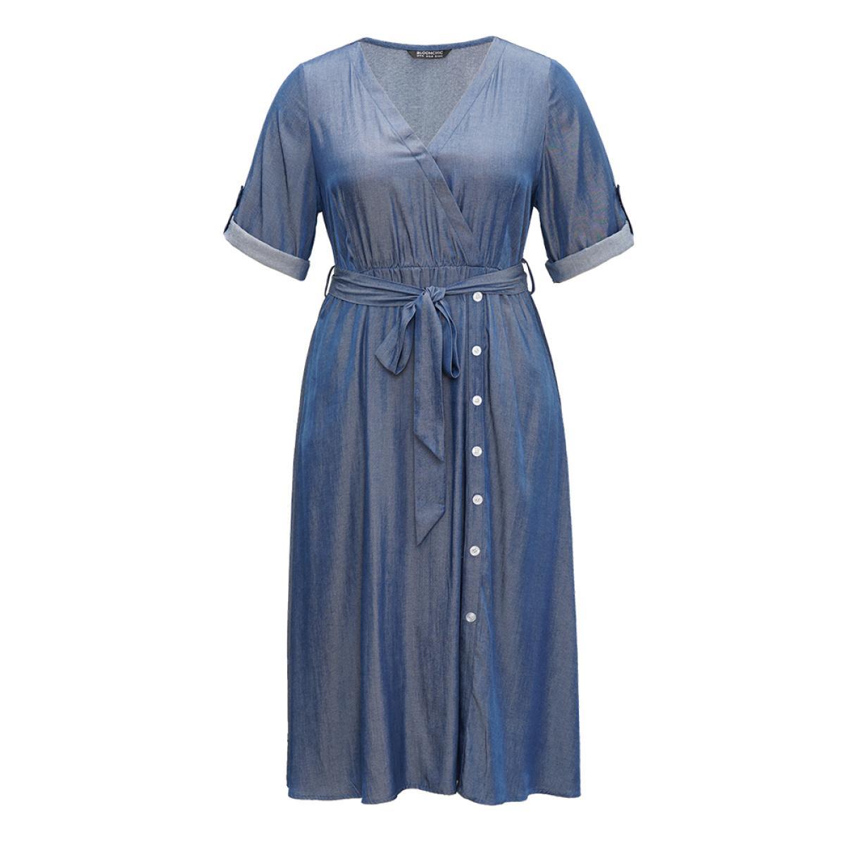 Plus Size Plain Button Detail Wrap Belted Tab Sleeve Dress Indigo Women Casual Plain V-neck Long Sleeve Curvy Midi Dress BloomChic 22-24/3X Product Image