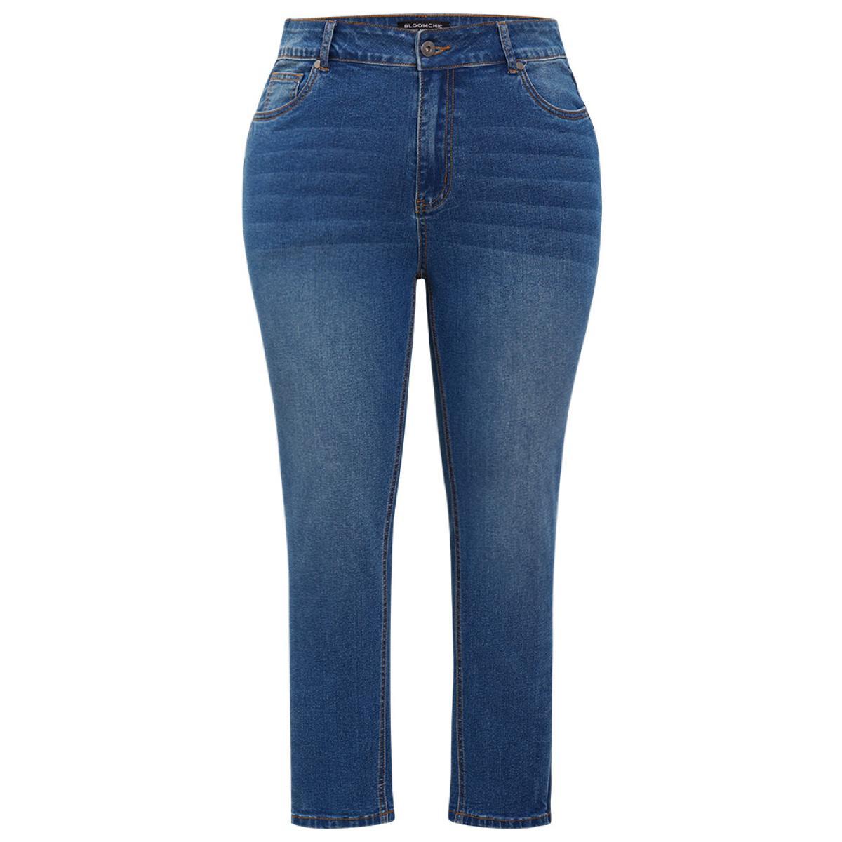 Plus Size Very Stretchy High Rise Medium Wash Contrast Patchwork Jeans Women Blue Casual Patchwork Contrast High stretch Pocket Jeans BloomChic 22/3X Product Image