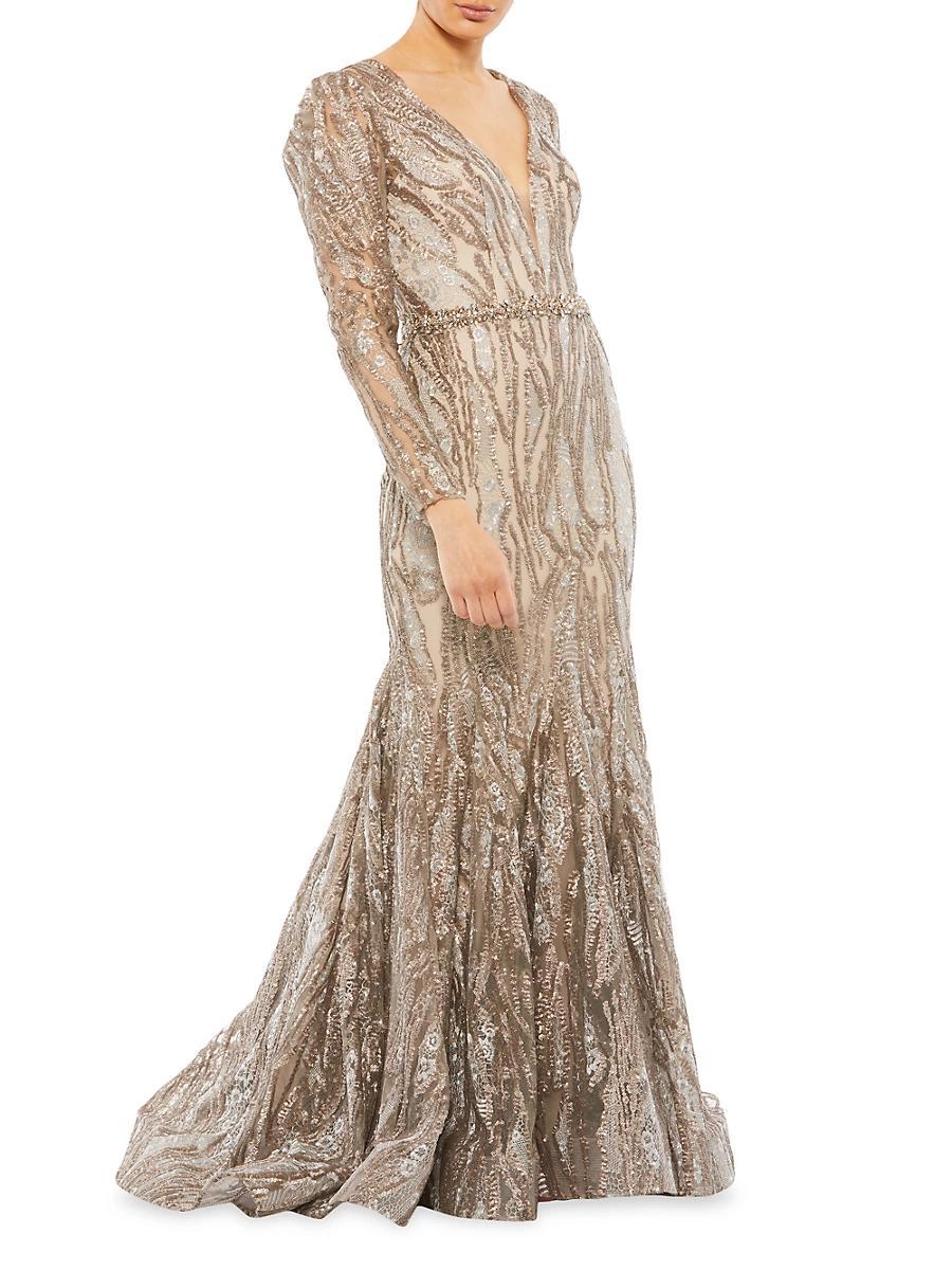 Womens Embellished Long-Sleeve Plunge-Neck Trumpet Gown Product Image