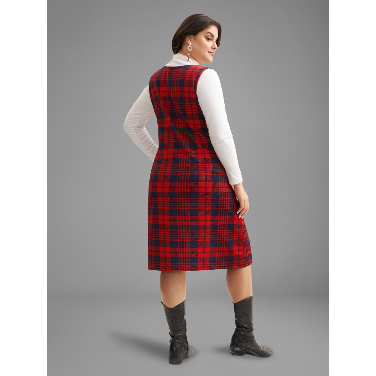 Plus Size Holiday Plaid Sleeveless Stretch Midi Dress Crimson Women Casual Button Party Curvy Bloomchic 12/L Product Image