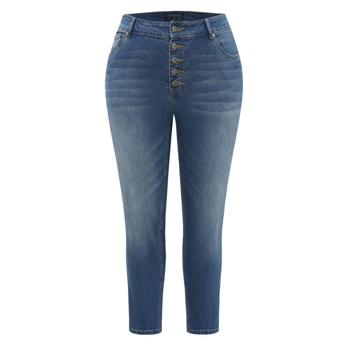 Plus Size Plain Button Fly High Rise Medium Wash Jeans Women Blue Casual Plain Plain High stretch Pocket Jeans BloomChic 24/3X Product Image