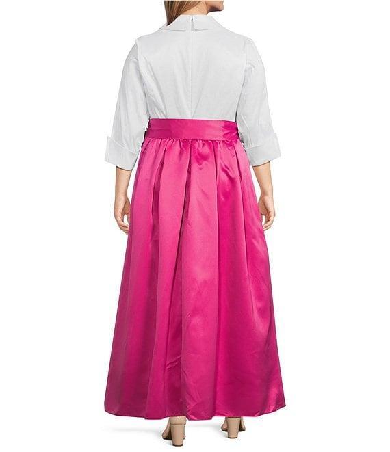 Jessica Howard Plus Size 3/4 Cuff Sleeve Collared V-Neck Tie Sash Ball Gown Product Image