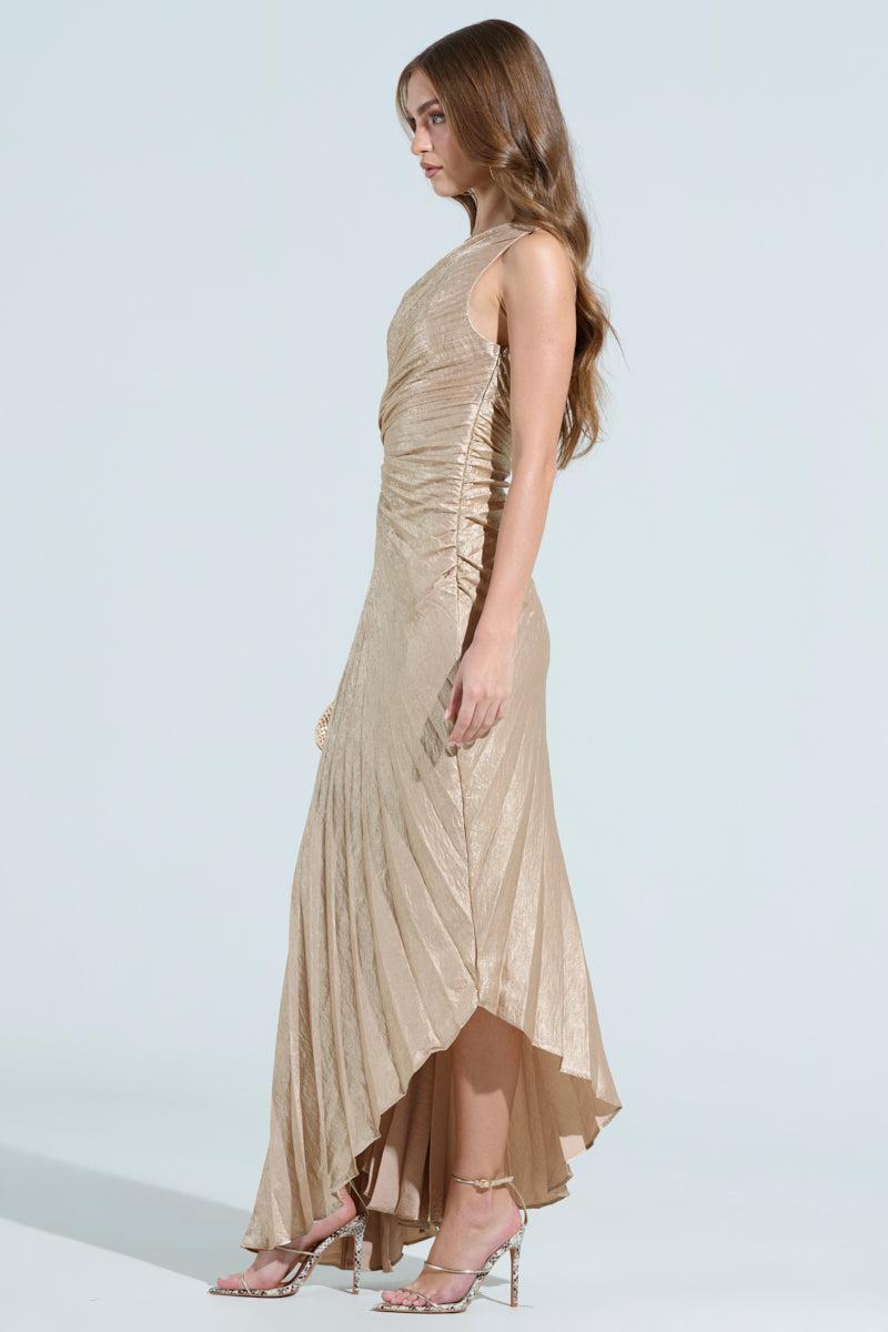 JULIETTE METALLIC PLEATED MIDI DRESS Product Image