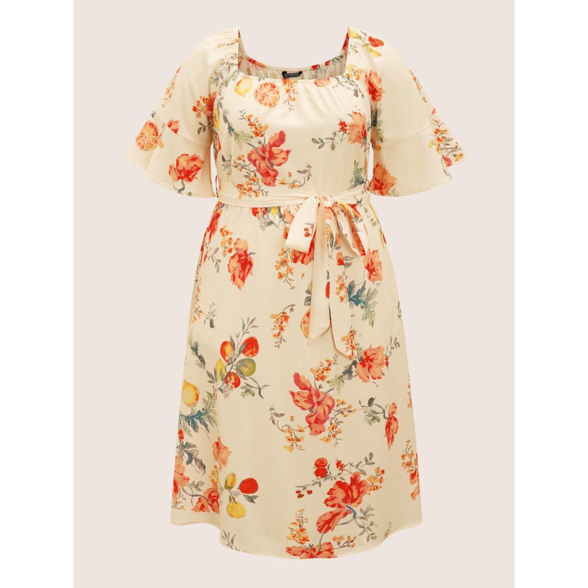 Plus Size Citrus Orange Print Square Neck Ruffles Gathered Dress Apricot Women Elegant Gathered Square Neck Half Sleeve Curvy Midi Dress BloomChic 18-20/2X Product Image
