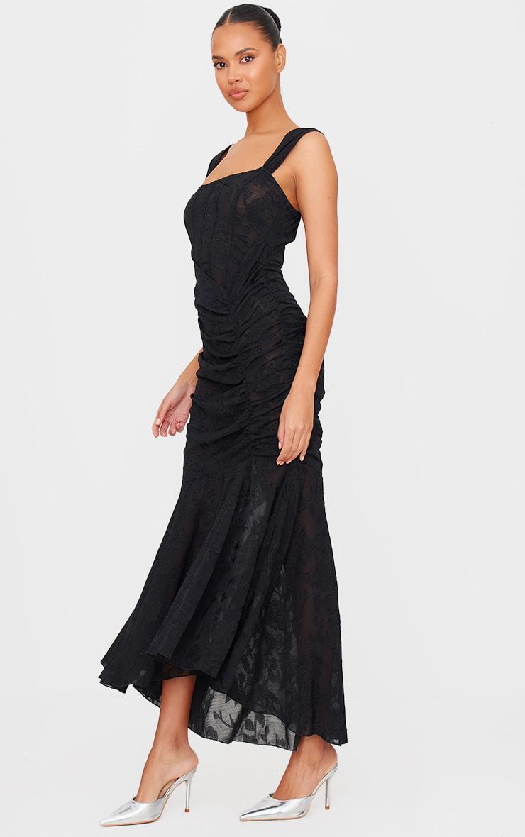 Black Burnout Side Ruched Midi Dress Product Image
