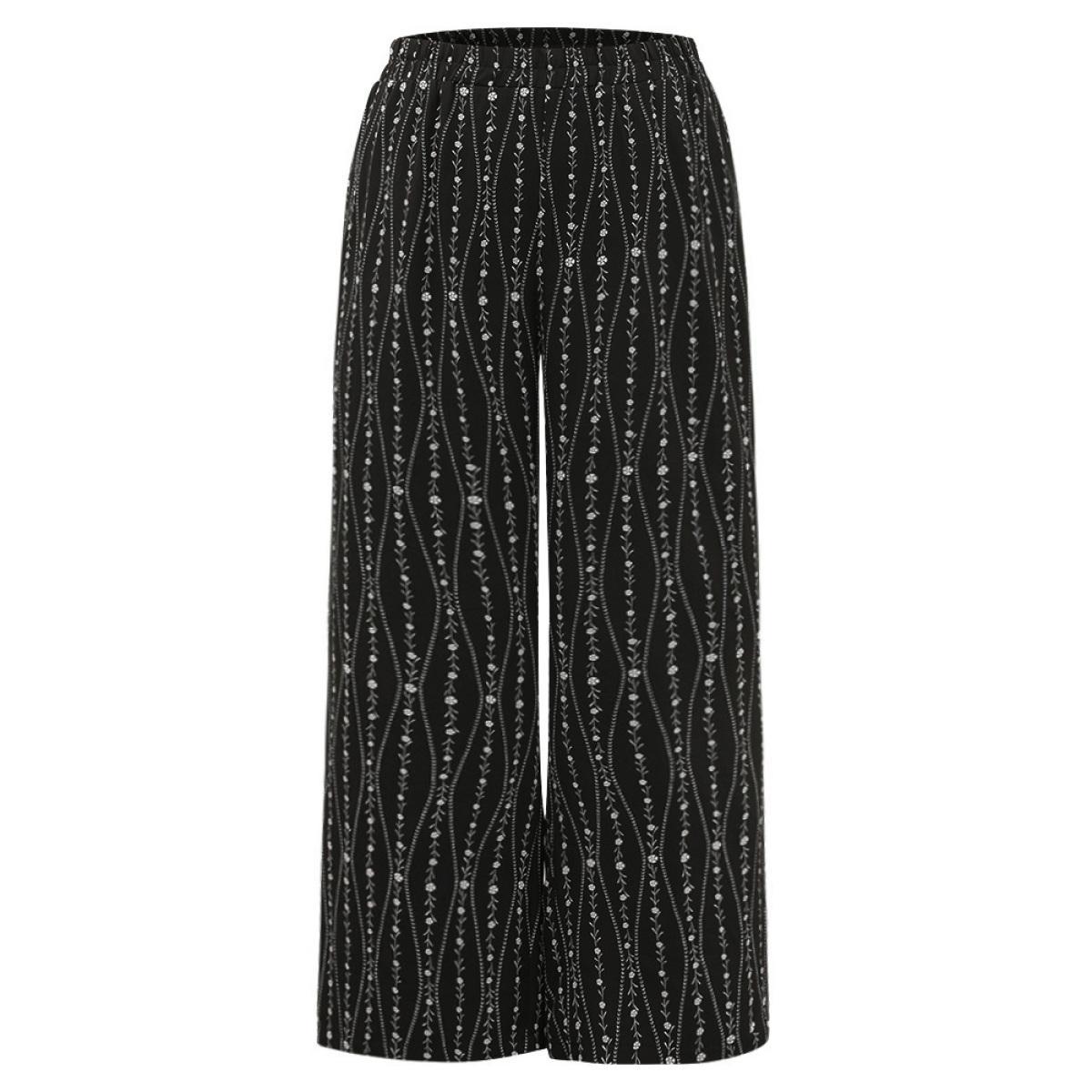 Plus Size Striped Ditsy Floral Elastic Waist Pants Women Black Vacation Straight Leg High Rise Dailywear Pants BloomChic 30/6X Product Image