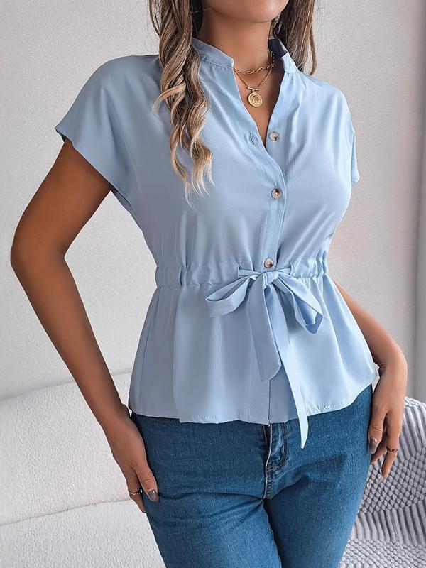 Loose Short Sleeves Drawstring Split-Joint Round-Neck Blouses&Shirts Tops Product Image