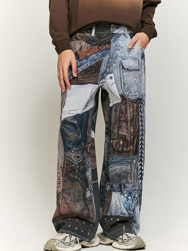 Multi-Patch Printed Neutral Heavyweight Jeans Product Image