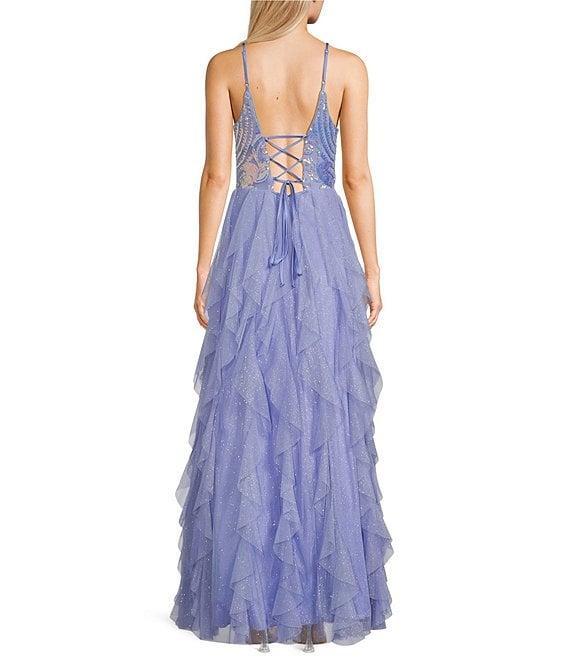 Pear Culture Glitter Sequin V-Neck Mesh Corkscrew Ball Gown Product Image