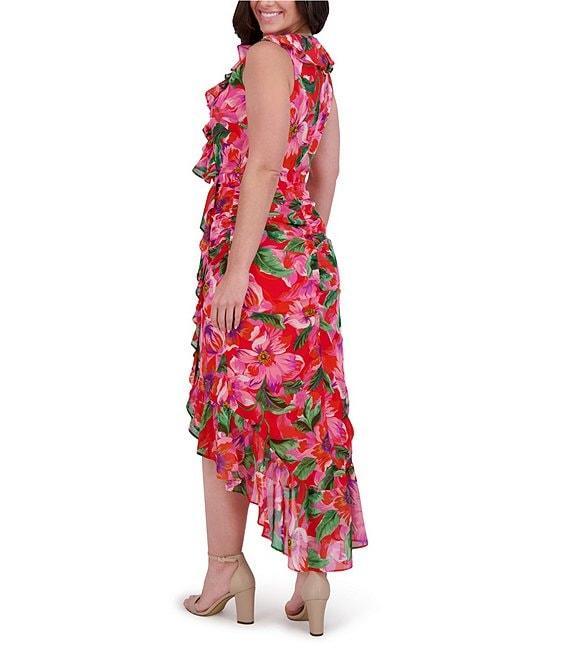 Kensie Chiffon Floral Print V-Neck Sleeveless Ruffle Sheath Midi Dress Product Image