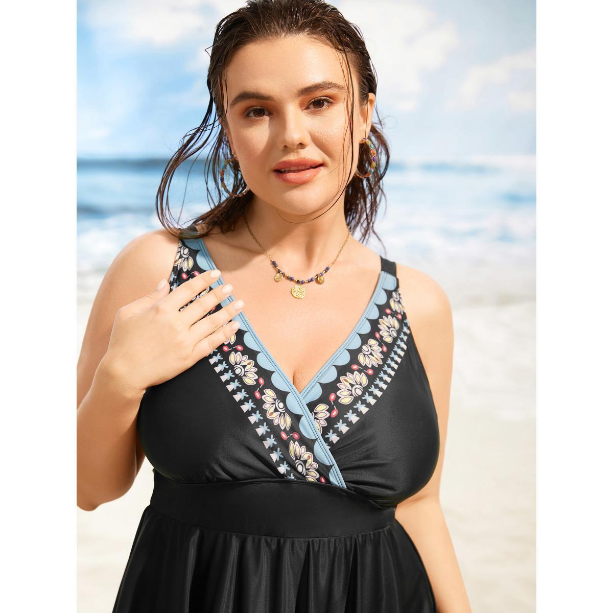 Plus Size Overlap Collar Boho Print Hanky Hem Swim Dress Women's Swimwear Black Beach Bodycon Overlap Collar High stretch Curve Swim Dresses BloomChic 18-20/2X Product Image