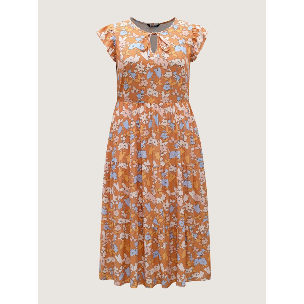 Plus Size Rayon Floral Stretchy Waist Pockets Midi Dress Lightorange Women Notched collar Cap Sleeve Curvy BloomChic 12/L Product Image