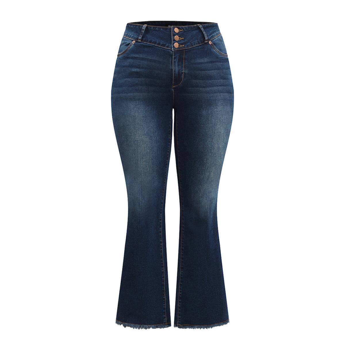 Plus Size Frayed Hem Flare Leg Button Down Jeans Women DarkBlue Casual Plain Plain High stretch Pocket Jeans BloomChic 18/2X Product Image