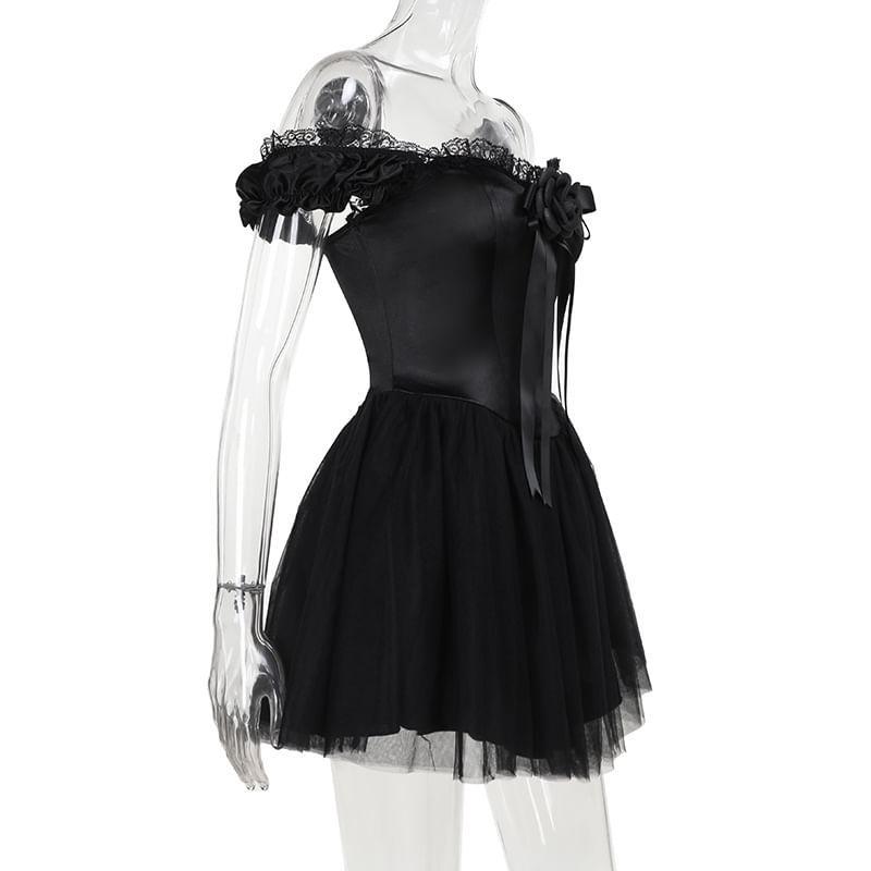 Off Shoulder Corset Waist Sheer Mini A-Line Dress Product Image