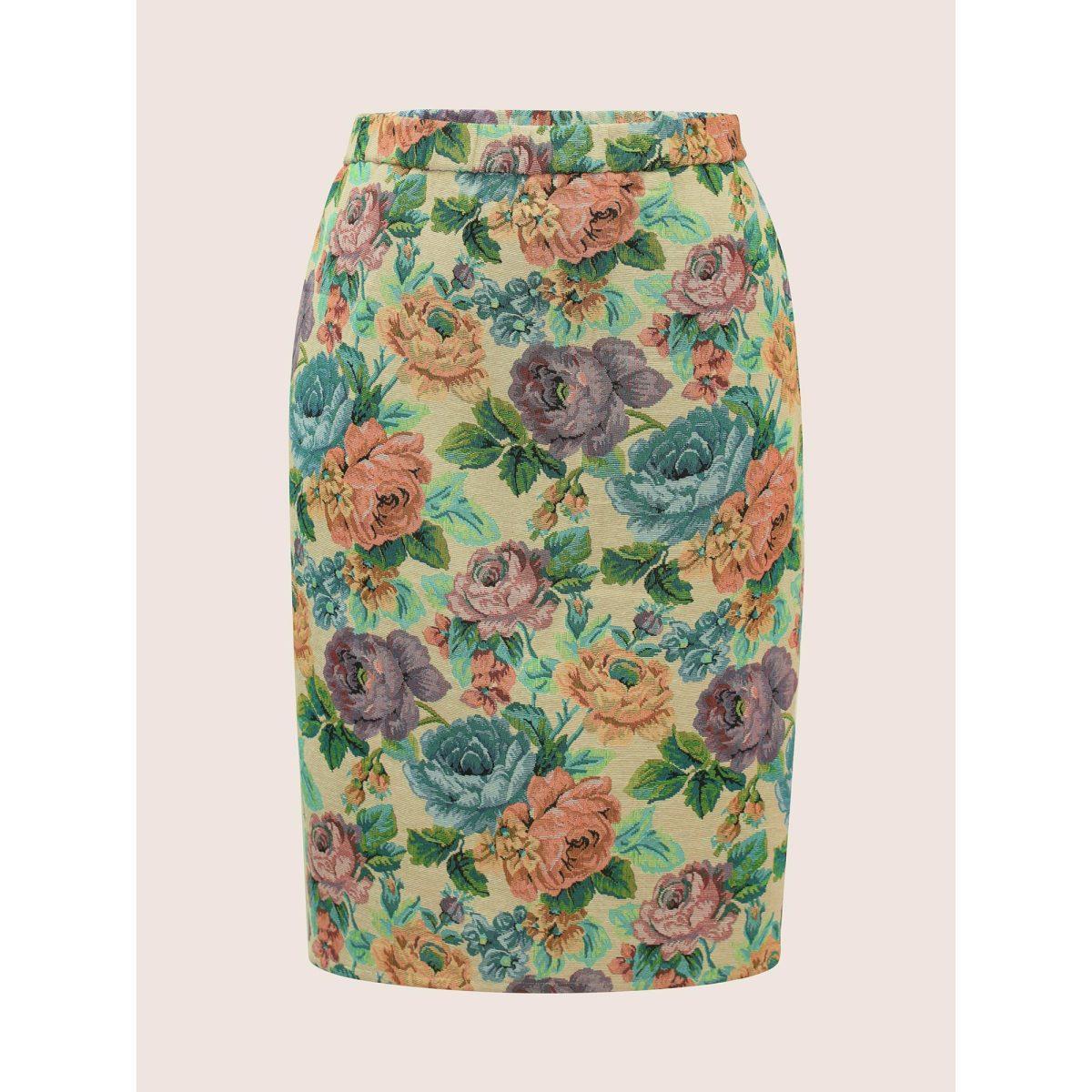 Plus Size Floral Print Elastic Waist Pocket Split Hem Skirt Women LightBrown Elegant Non No stretch Slanted pocket Everyday Skirts BloomChic 26/4X Product Image
