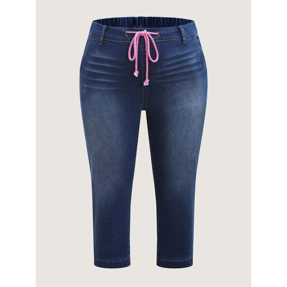 Plus Size Pull-On Drawstring Waist Crop Jeans Women Midblue Casual Medium stretch Slanted pocket Jeans BloomChic 14/1X Product Image