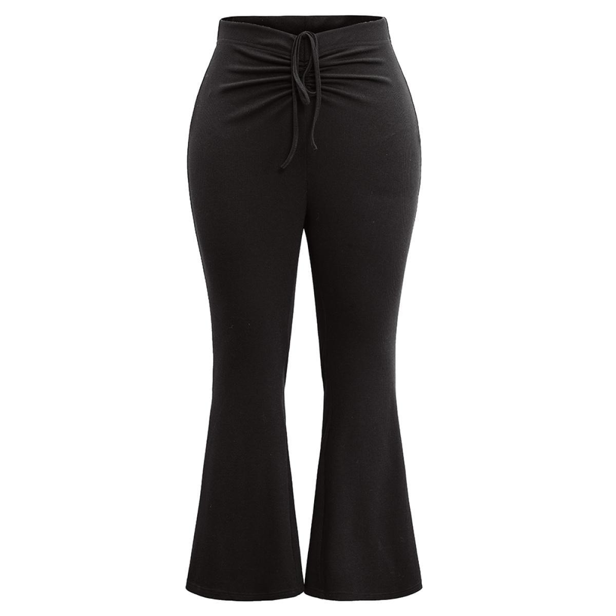 Plus Size Solid Drawstring Ruched Flare Leg Pants Women Black Casual Flare Leg High Rise Dailywear Pants BloomChic 26/4X Product Image