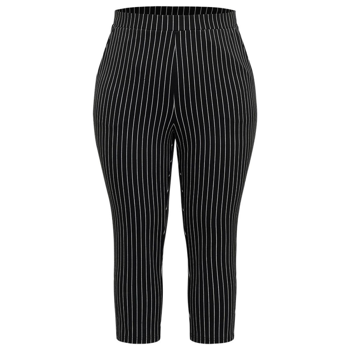 Plus Size Striped High Rise Pocket Elastic Waist Skinny Pants Women Black Office Skinny High Rise Work Pants BloomChic 28/5X Product Image