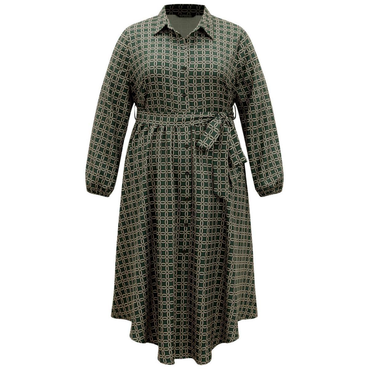 Plus Size Geometric Belted Curved Hem Lantern Sleeve Dress Cyan Women Office Elastic cuffs Shirt collar Long Sleeve Curvy Midi Dress BloomChic 28/5X Product Image
