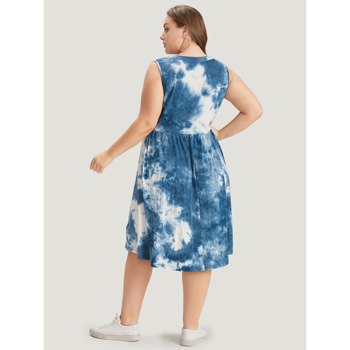 Plus Size Tie Dye Notched Pocket Flutter Hem Tank Dress Stone Women Casual Tie Dye Notched collar Sleeveless Curvy Knee Dress BloomChic 22-24/3X Product Image