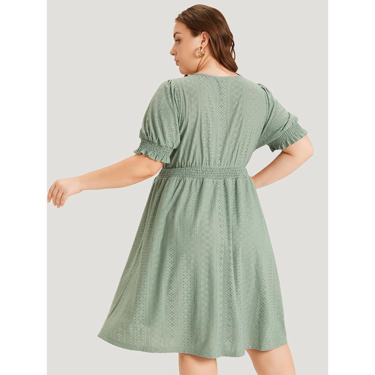 Plus Size Geometric Eyelet Pocket Button Detail Shirred Dress Sage Women Office Elastic cuffs V-neck Short sleeve Curvy Midi Dress BloomChic 22-24/3X Product Image