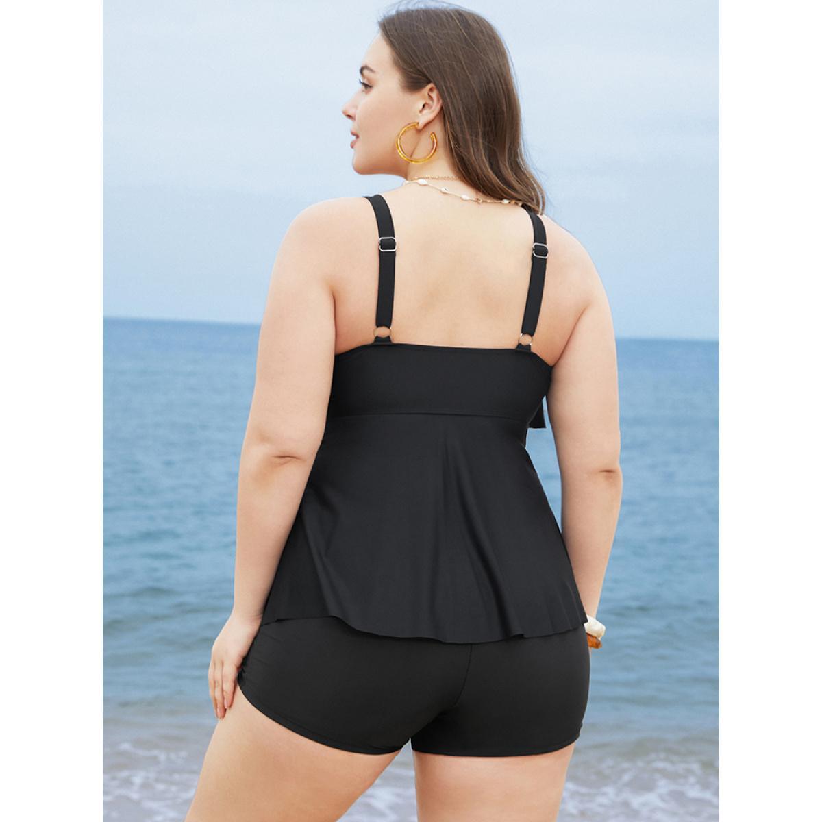 Plus Size Adjustable Straps Asymmetrical Ruffle Tiered Tankini Top Women's Swimwear Black Vacation Adjustable Straps High stretch Bodycon V-neck Curve Swim Tops BloomChic 22-24/3X Product Image