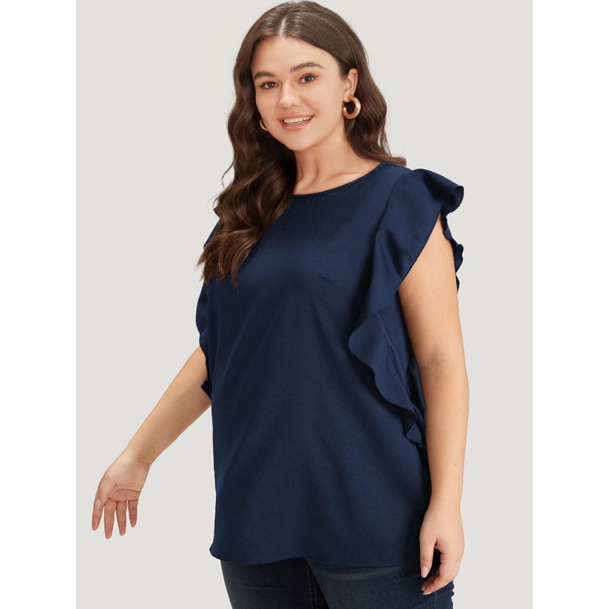 Plus Size Indigo Solid Crew Neck Ruffle Trim Blouse Women Office Cap Sleeve Round Neck Work Blouses BloomChic 28/5X Product Image