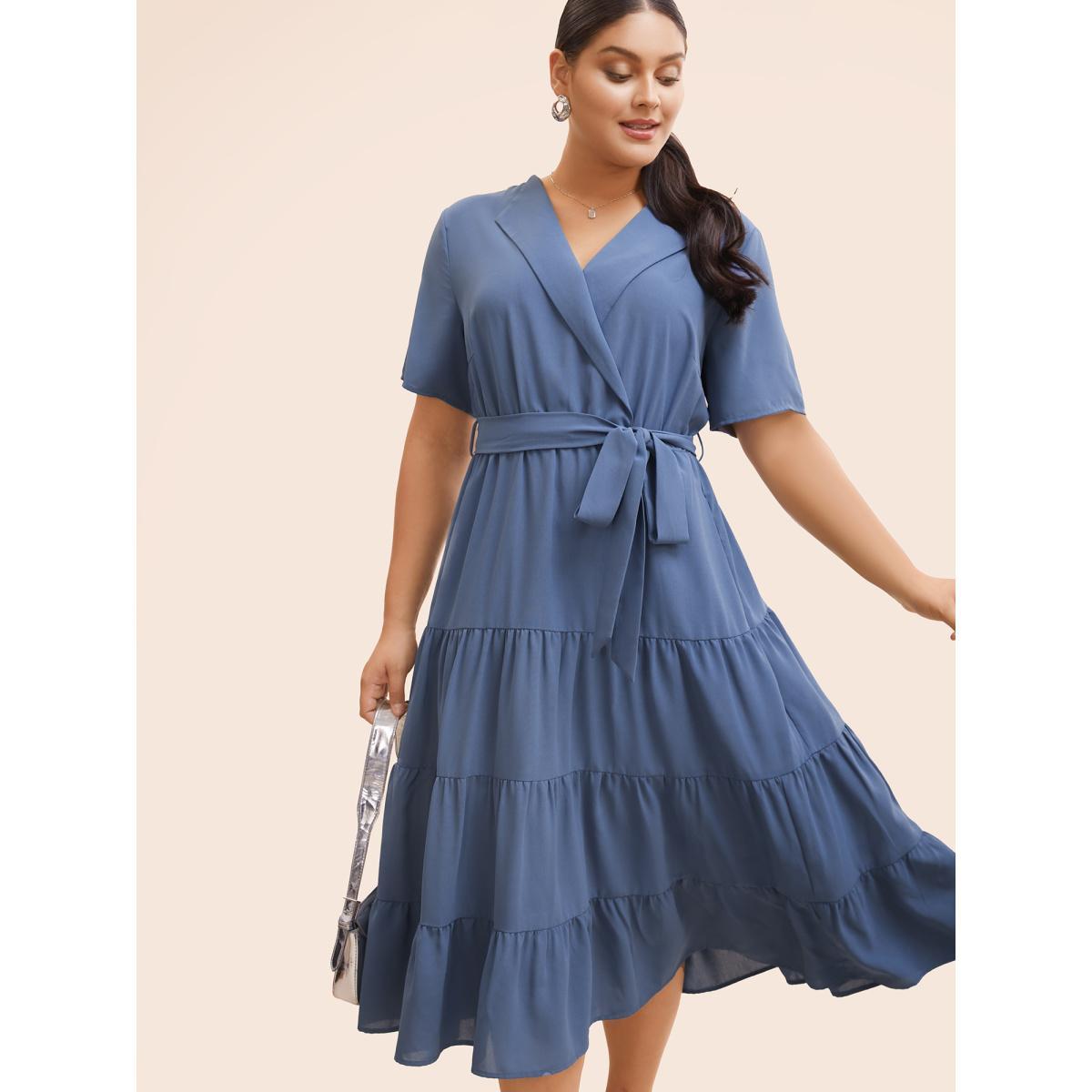 Plus Size Suit Collar Ruffle Layered Hem Dress Stone Women Workwear Essentials Belted Suit Collar Short sleeve Curvy BloomChic 14-16/1X Product Image