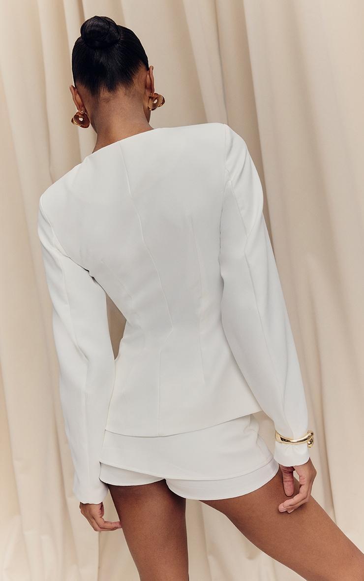 White Woven Cinched Waist Cocoon Sleeve Button Up Blazer Product Image