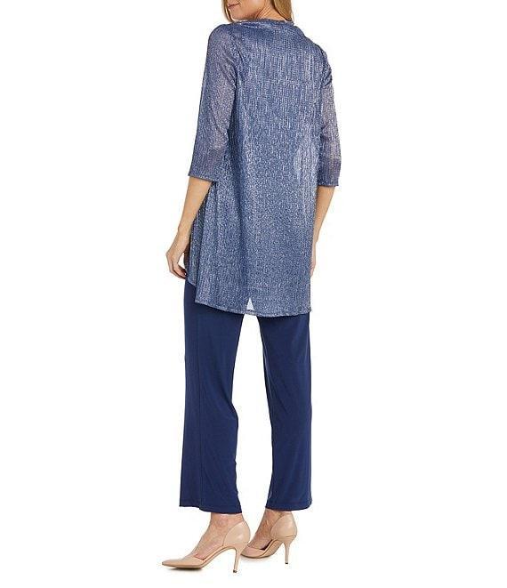 R & M Richards Pleated Crinkle Metallic Scoop Neck 3/4 Sleeve 3-Piece Pant Set Product Image