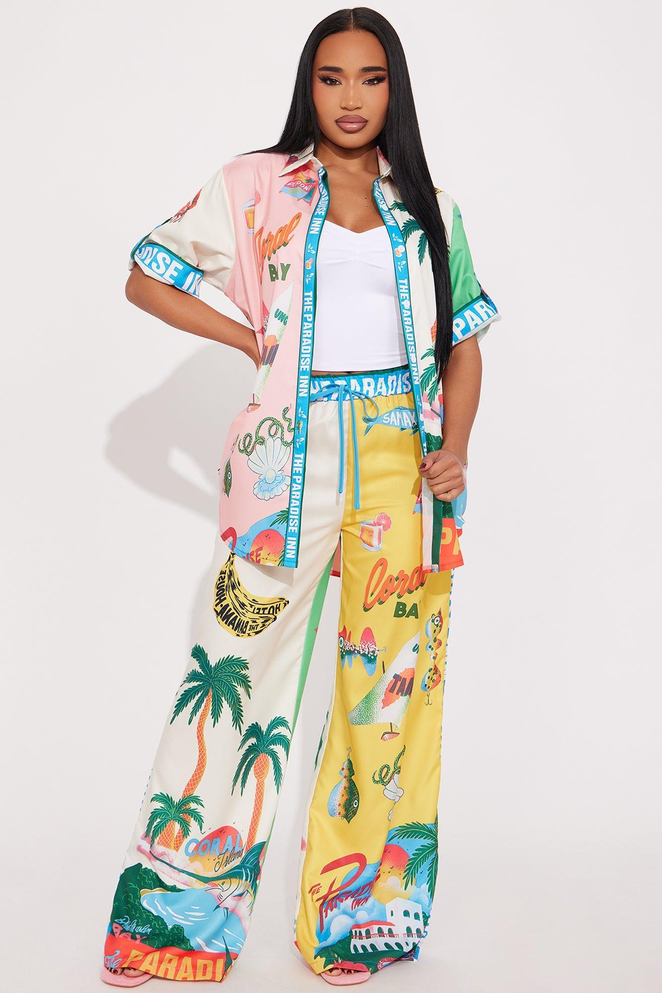 Paradise Inn Satin Pant Set - Multi Color Product Image