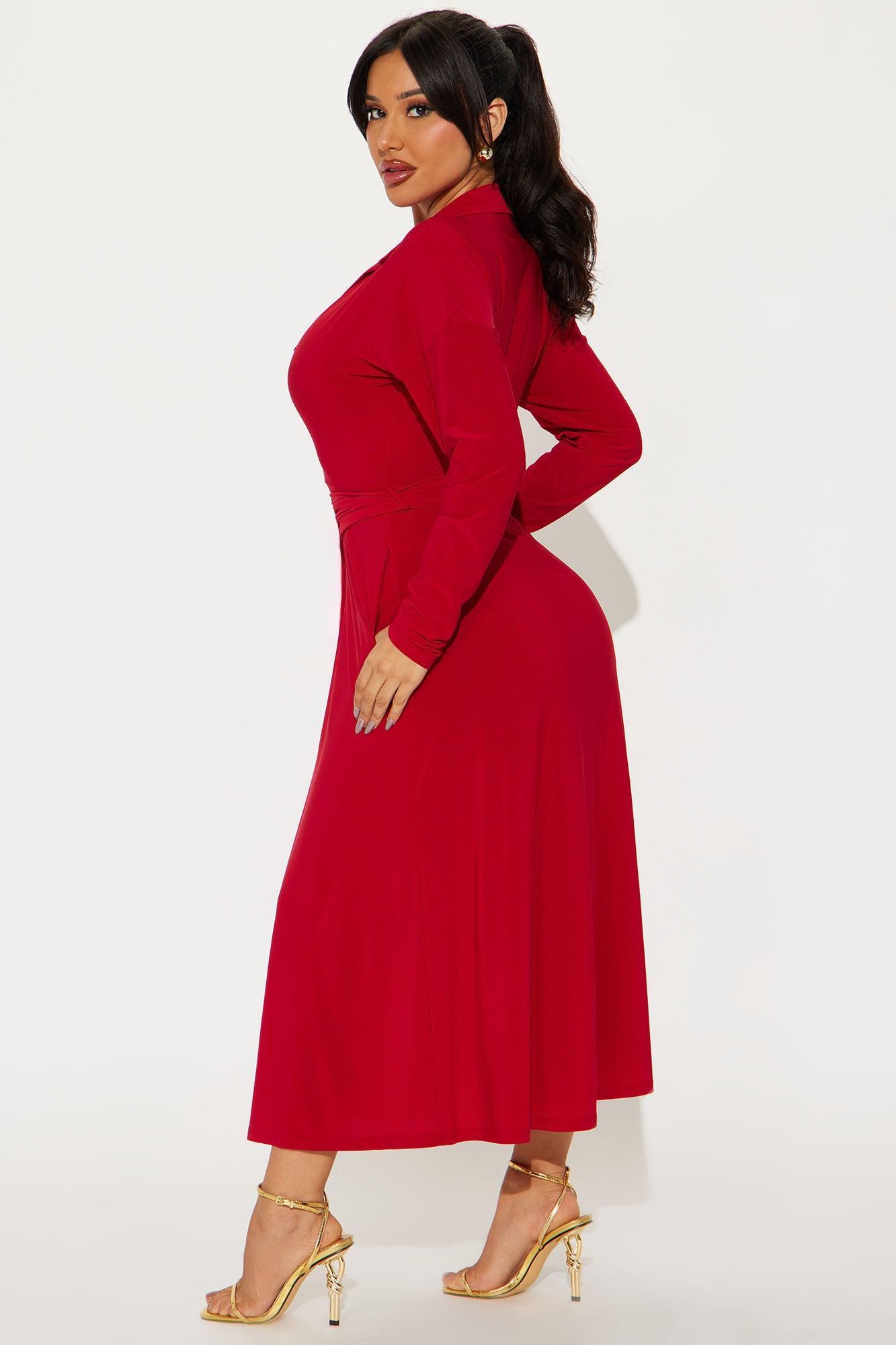 Elena Button Up Midi Dress - Red Product Image