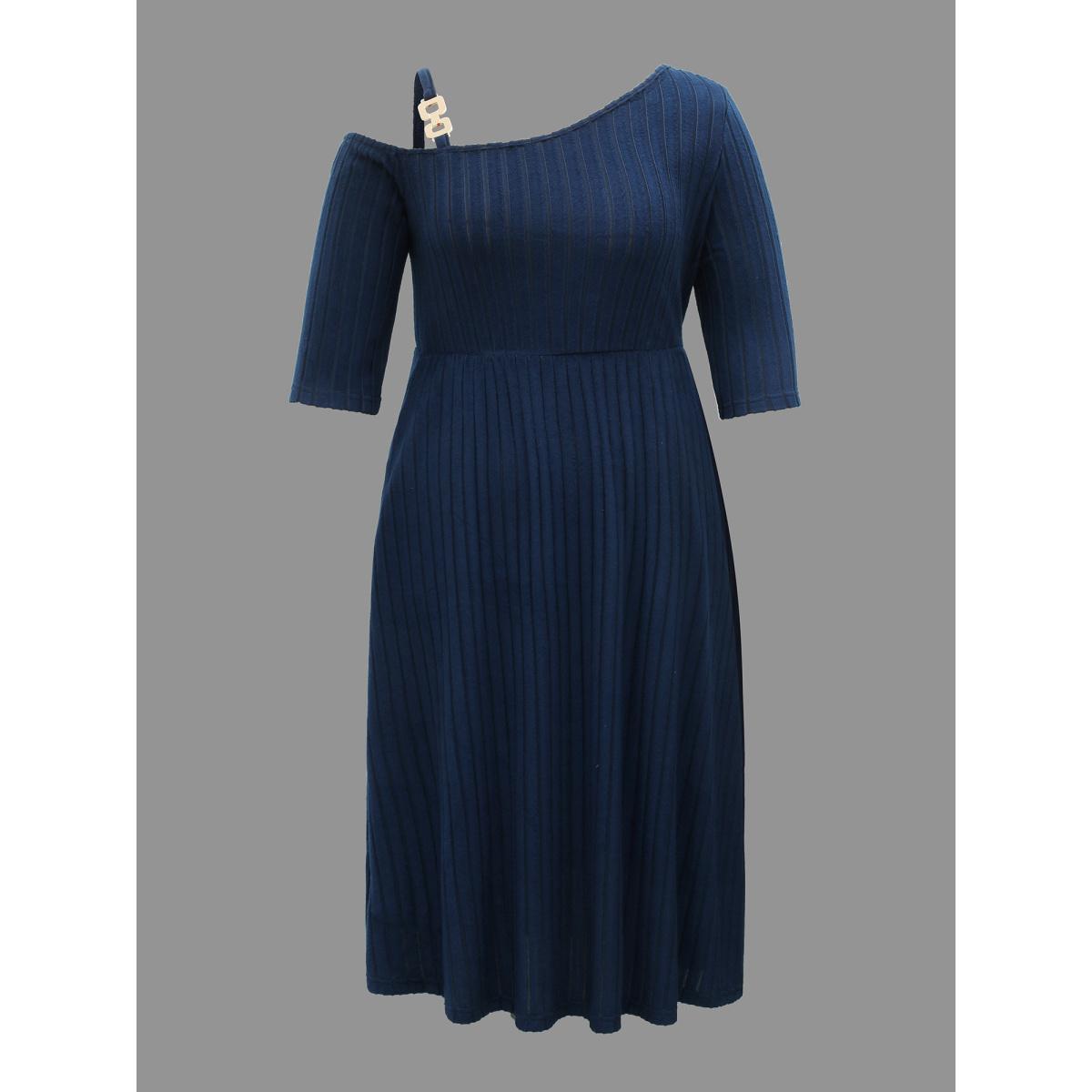 Plus Size One-Shoulder Pit-Strip Knit Buckle Midi Dress DarkBlue Women Casual Texture Knit Dresses Bloomchic 22-24/3X Product Image