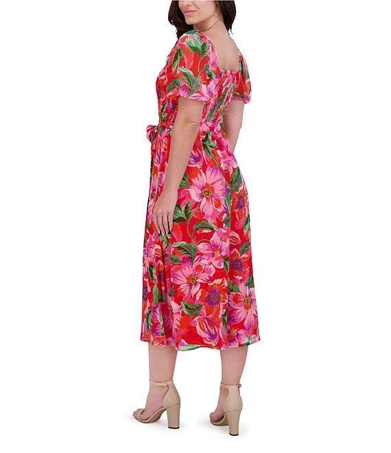 Kensie Chiffon Floral Print Square Neck Short Sleeve A-Line Midi Dress Product Image