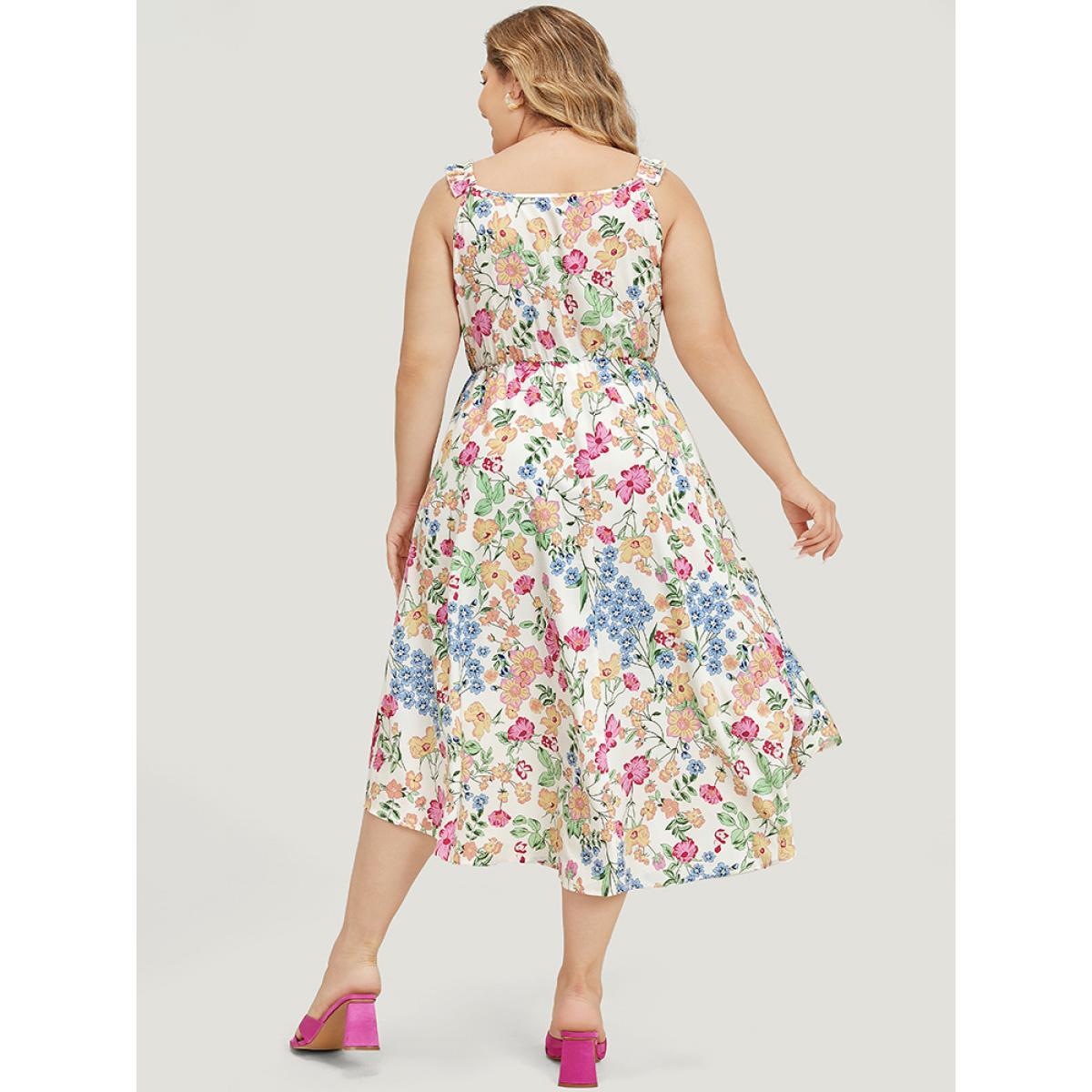 Plus Size Floral Arc Hem Pocket Square Neck Ruffle Trim Cami Dress Multicolor Women Elegant Arc Hem Square Neck Sleeveless Curvy Midi Dress BloomChic 30/6X Product Image