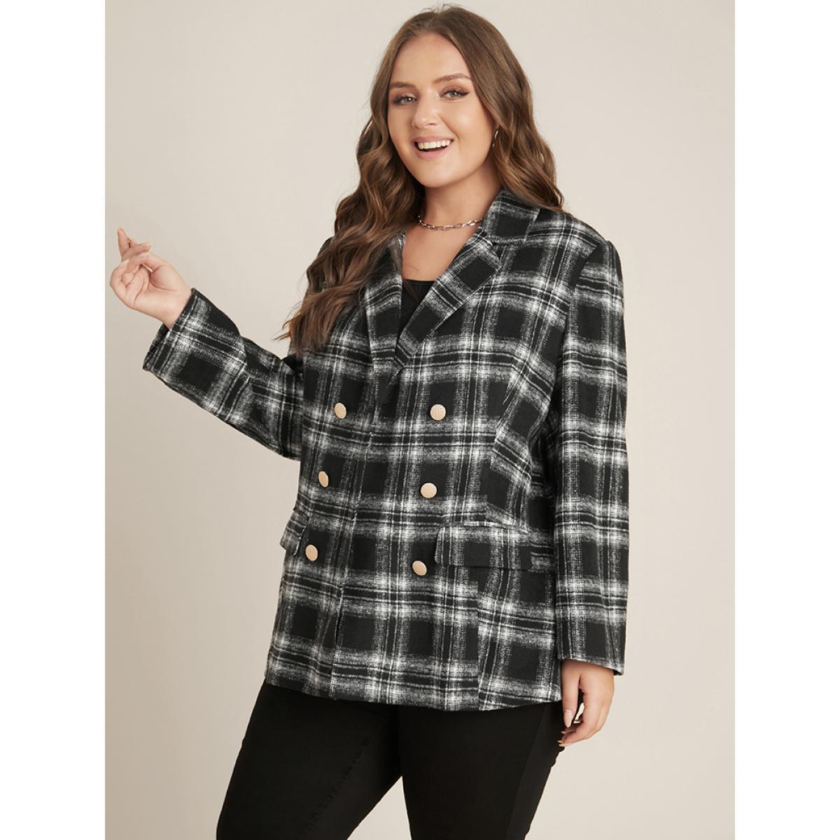 Plus Size Plaid Flap Pocket Button Up Suit Collar Blazer Black Women Dailywear Plaid Button Sleeve Long Sleeve Suit Collar 14-16/1X Pocket Casual Blazers BloomChic Product Image