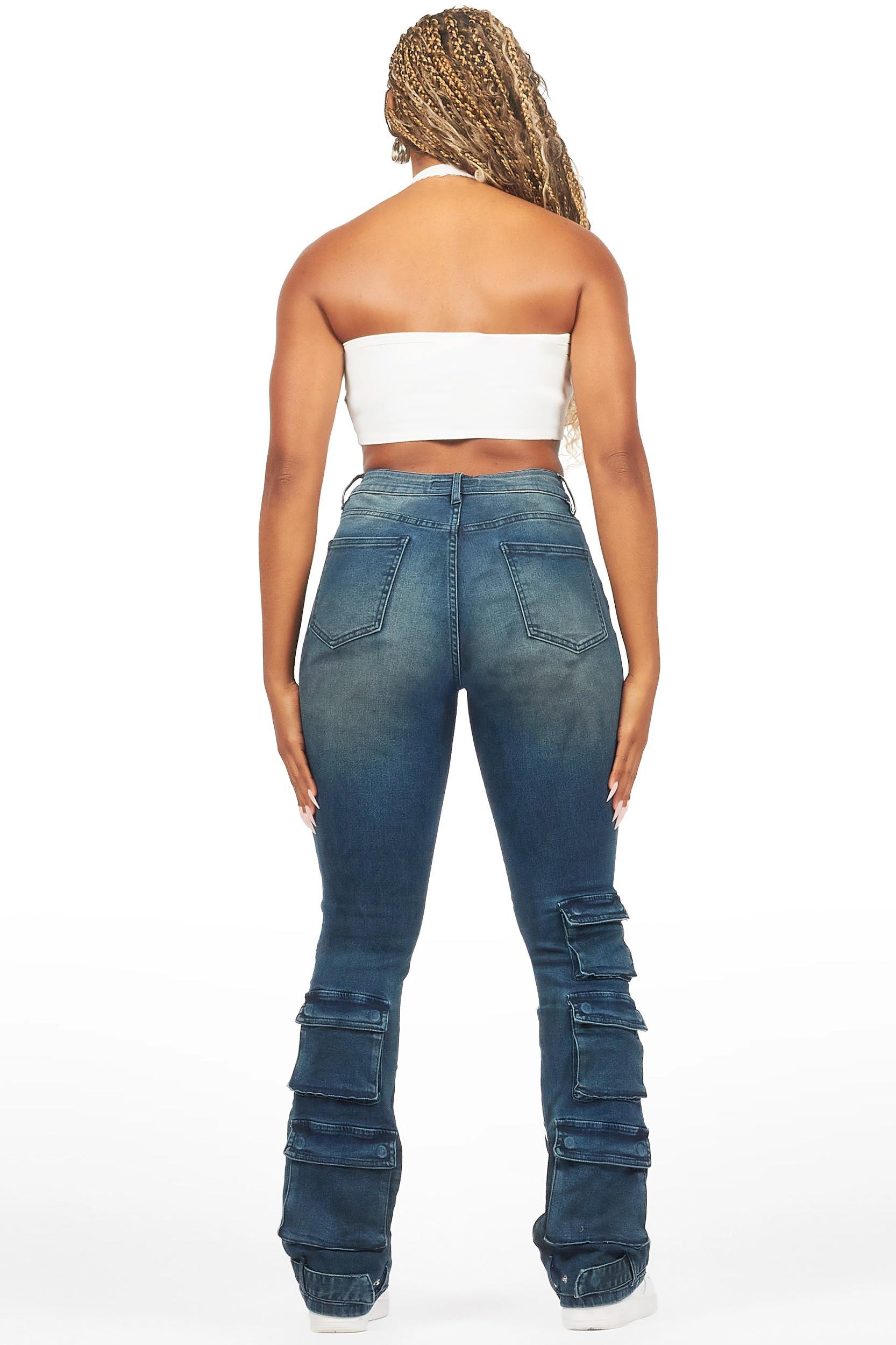Jaziya Dark Wash Stacked Flare Jean Female Product Image