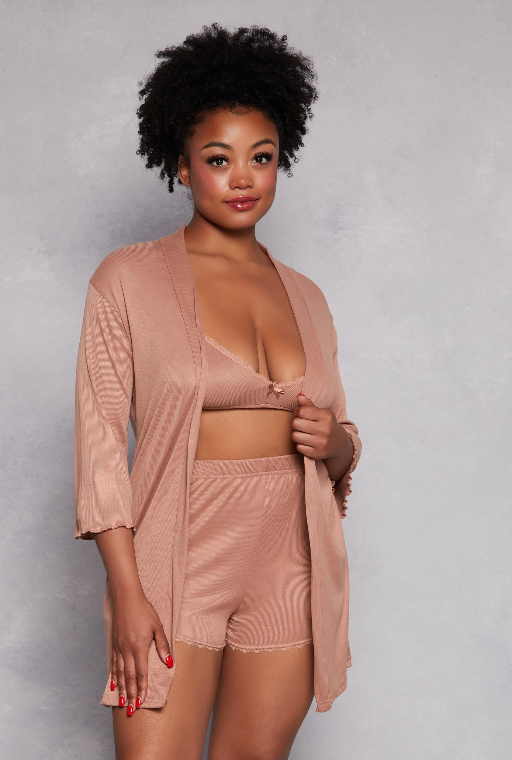 Womens Plus Size Lace Trim Pajama Bralette and Shorts with Robe Product Image